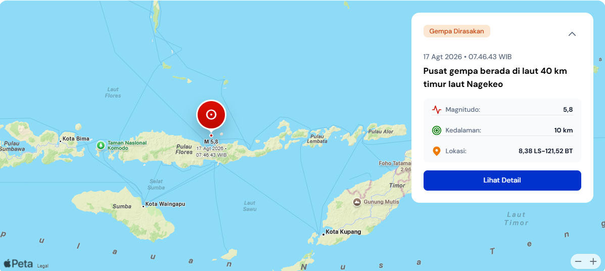 Gempa M5,8 Guncang Nagekeo, Getaran Dirasakan di Sejumlah Wilayah NTT